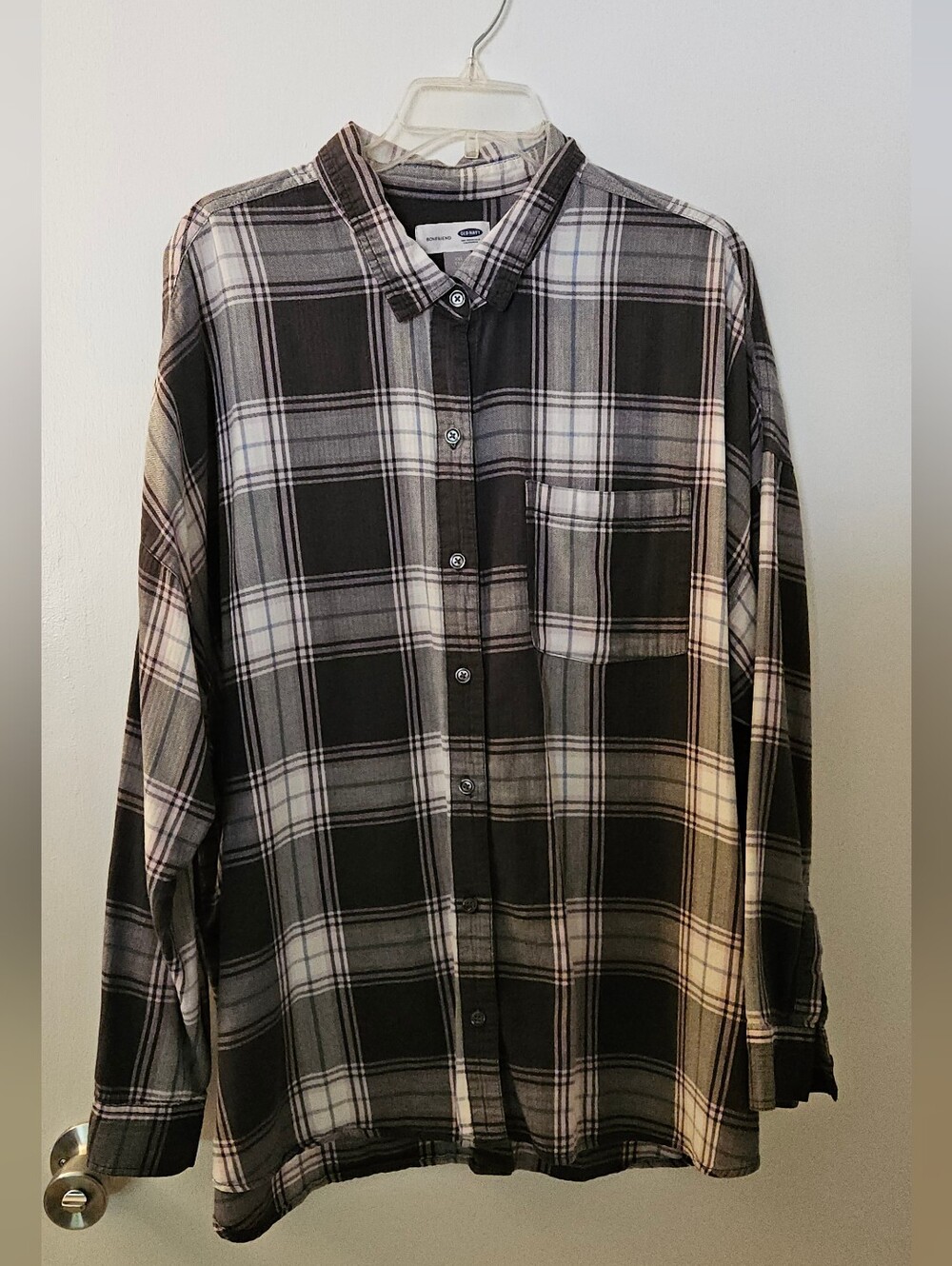 Old Navy Black & Pink Plaid Boyfriend  Button-Down Top